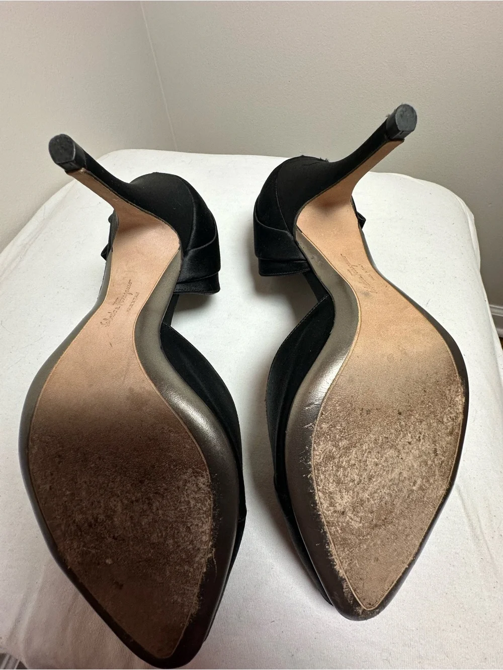 Ferragamo black satin peep toe black heels